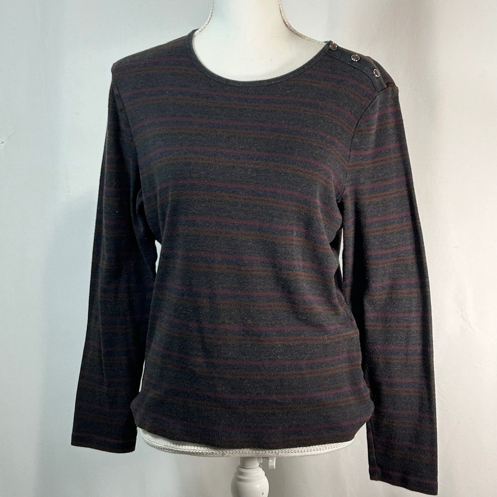 Lauren Ralph Lauren Striped Long Sleeve TShirt Womens‎  L Button Shoulder Detail